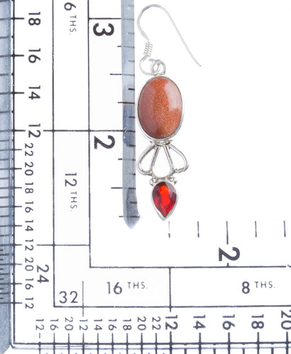 925 Sterling Silver Natural Gemstones Goldstone Garnet Dangle Earrings FJSVE2163