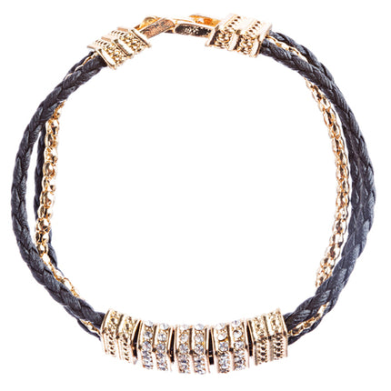 Simple Style Rope Cord Crystal Rhinestone Fashion Bracelet B457 Black Gold - Accessoriesforever