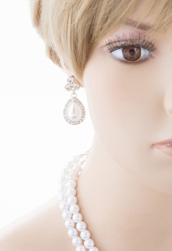 Bridal Wedding Jewelry Crystal Rhinestone Pearl Teardrop Necklace Set J704 SV