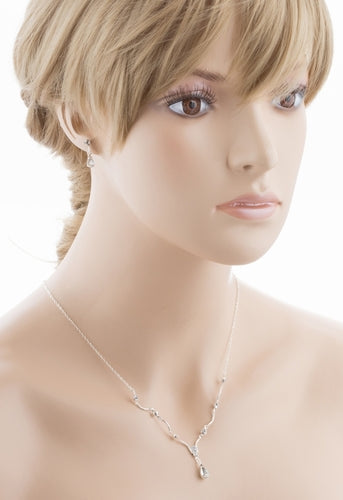 Bridal Wedding Jewelry Set Crystal Rhinestone Classy Y Drop Necklace Silver - Accessoriesforever
