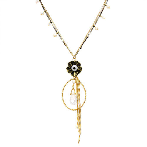 Semiprecious Flower & Chain Tear Drop Necklace Black