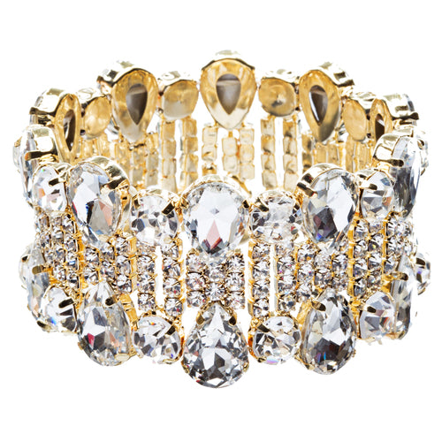 Bridal Wedding Jewelry Crystal Rhinestone Teardrop Bead Stretch Bracelet Gold - Accessoriesforever