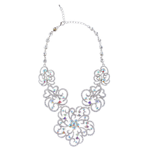 Bridal Wedding Jewelry Set Crystal Rhinestone Chunky Floral Necklace Silver AB