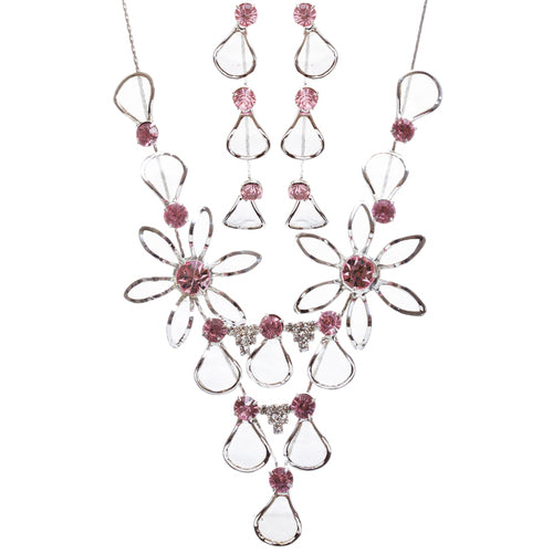 Bridal Wedding Jewelry Prom Rhinestone Adorable Mesh Necklace Set J657 Pink