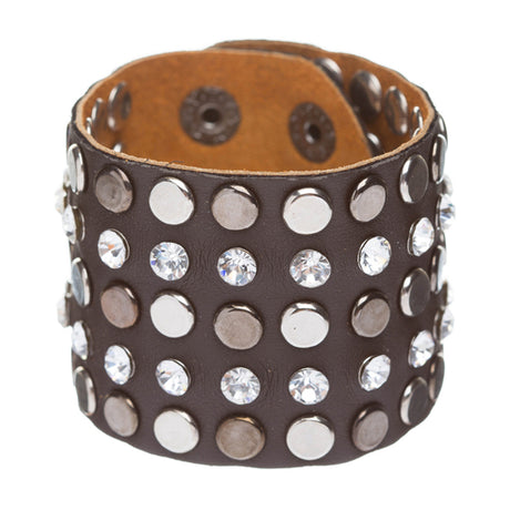 Dazzle Crystal Rhinestone Metal Studs Style Leather Wrap Fashion Bracelet Brown