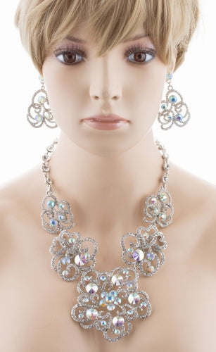 Bridal Wedding Jewelry Set Crystal Rhinestone Chunky Floral Necklace Silver AB