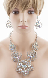 Bridal Wedding Jewelry Set Crystal Rhinestone Chunky Floral Necklace Silver AB