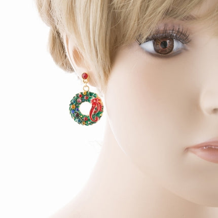 Christmas Jewelry Crystal Rhinestone Wreath Ribbon Charm Earrings Green Gold - Accessoriesforever