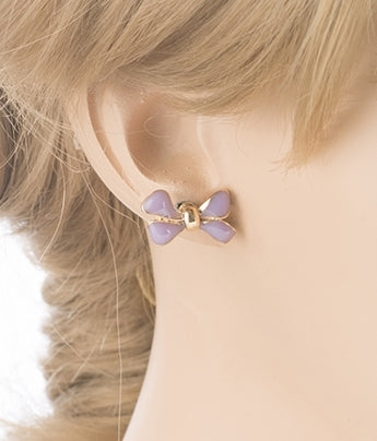 Gorgeous Fashion Ribbon Bow Design Enamel Small Stud Earrings Gold Purple