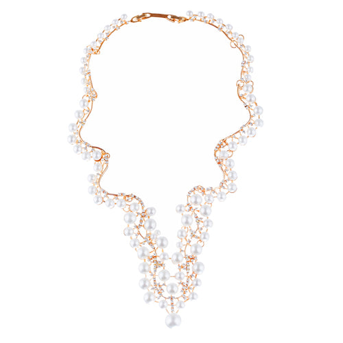 Bridal Wedding Jewelry Set Crystal Pearl Chunky V Drop Swirl Necklace Gold