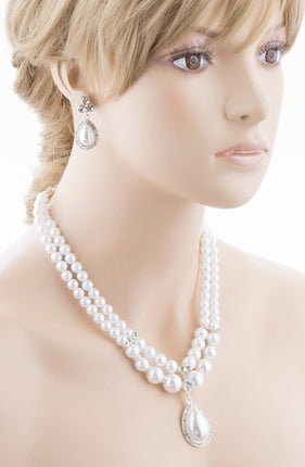 Bridal Wedding Jewelry Crystal Rhinestone Pearl Teardrop Necklace Set J704 SV - Accessoriesforever