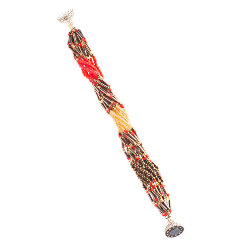 Fashion Multi Strands Beads Rhinestone Magnetic Closure Bracelet B454 Gold Red - Accessoriesforever