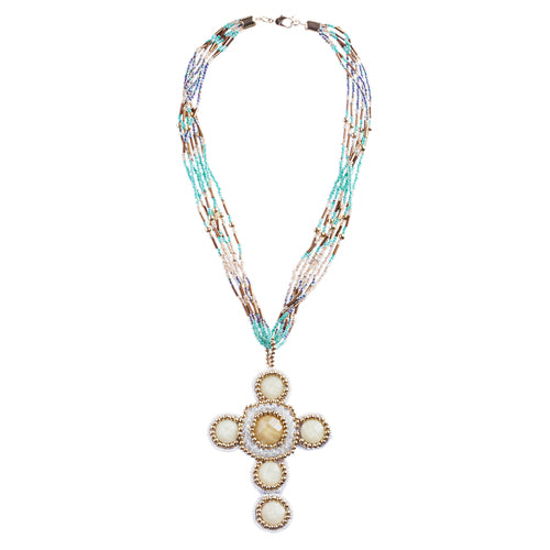 Cross Jewelry Traditional Design Beaded Necklace & Earrings Set JN245 Beige - Accessoriesforever