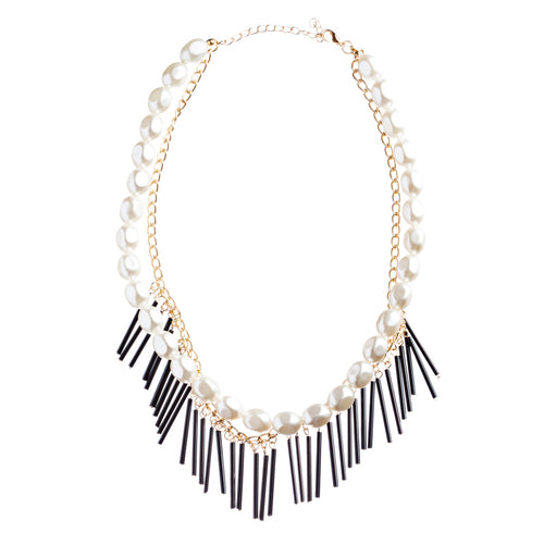 Elegance Fashion Faux Pearl Multi Layered Chain Necklace And Earrings JN262Black