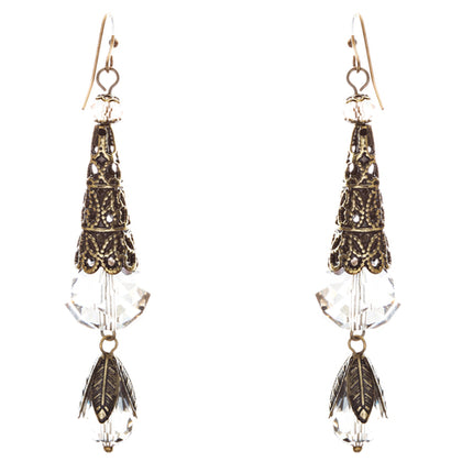 Bold Fashion Crystal Rhinestone Brassy Tear Drop Cone Design Earrings E841 Clear - Accessoriesforever