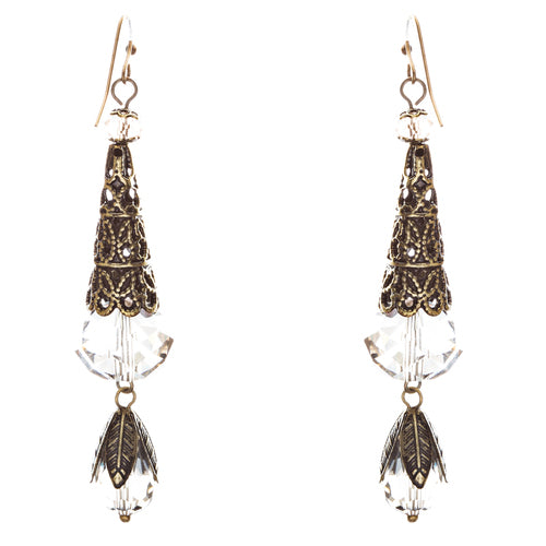 Bold Fashion Crystal Rhinestone Brassy Tear Drop Cone Design Earrings E841 Clear - Accessoriesforever