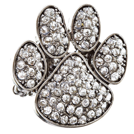 Puppy Paw Crystal Pave Stretch Ring Silver Clear