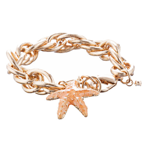 Ocean Starfish Dangling Charm Crystal Link Fashion Bracelet B517 Gold Orange