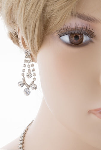 Bridal Wedding Jewelry Set Crystal Rhinestone Bubbly V Drop Necklace