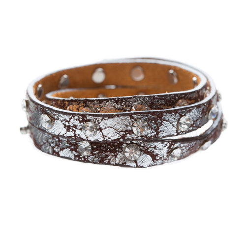 Trendy Distressed Faux Leather Crystal Studs Design Fashion Wrap Bracelet Brown