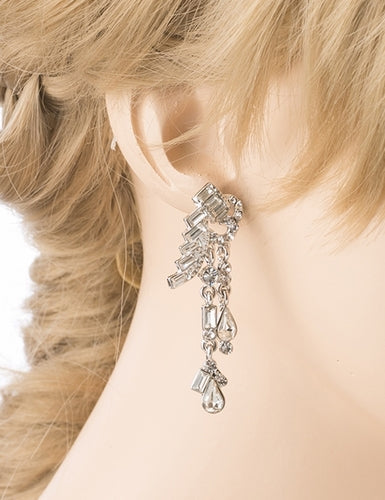Bridal Wedding Jewelry Unique Crystal Rhinestone Linear Fashion Earrings Silver - Accessoriesforever