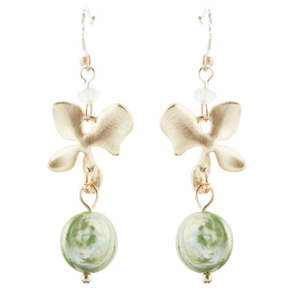 Freshwater Pearl Floral Dangle Drop Earrings Gold Green - Accessoriesforever