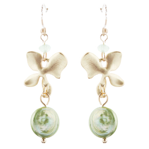 Freshwater Pearl Floral Dangle Drop Earrings Gold Green - Accessoriesforever