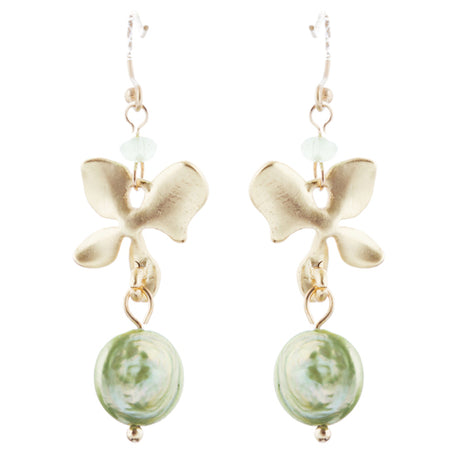 Freshwater Pearl Floral Dangle Drop Earrings Gold Green
