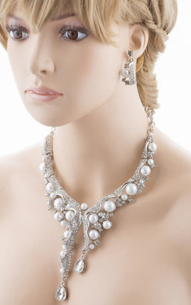 Bridal Wedding Jewelry Set Crystal Pearl Chunky Duo Linear Drops Silver White - Accessoriesforever