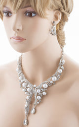 Bridal Wedding Jewelry Set Crystal Pearl Chunky Duo Linear Drops Silver White
