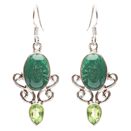 925 Sterling Silver Natural Gemstones Malachite Dangle Earrings FJSVE2187