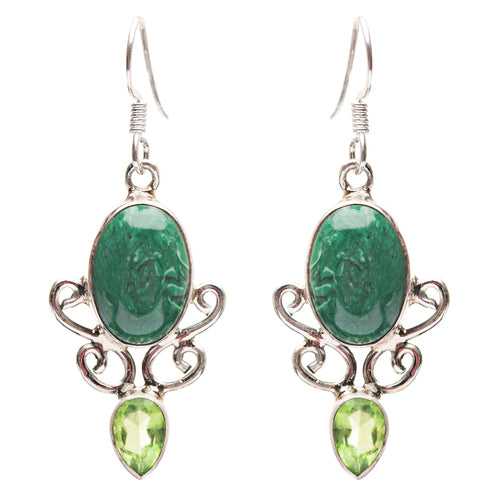 925 Sterling Silver Natural Gemstones Malachite Dangle Earrings FJSVE2187