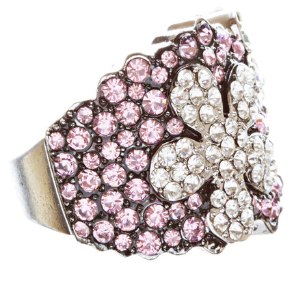 Beautiful Flower Crystal Rhinestone Stretch Adjustable Cocktail Ring Silver Pink