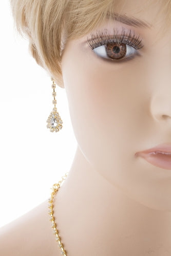 Bridal Wedding Jewelry Set Crystal Rhinestone Dangle Teardrop Necklace Gold J261