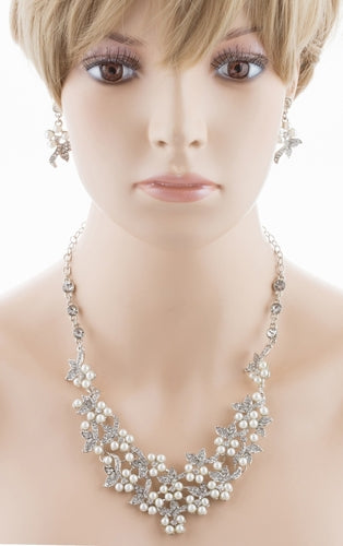 Bridal Wedding Jewelry Set Necklace Crystal Rhinestone Pearl Floral Bib Silver