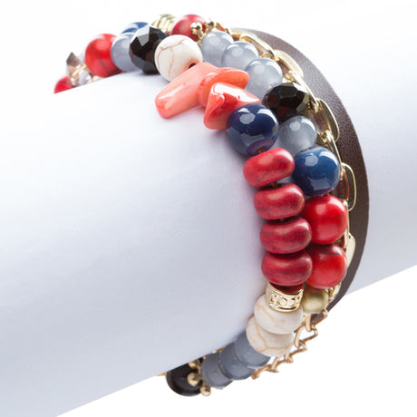 Beautiful Bead Stone Colorful Link Leather Cord Fashion Bracelet B445 Gold Red