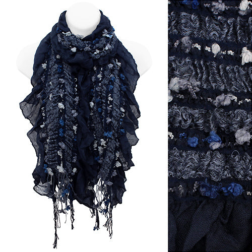 Stitched Elastic Detailed Fringes Ruffle Fashion Style Scarf Gray Blue