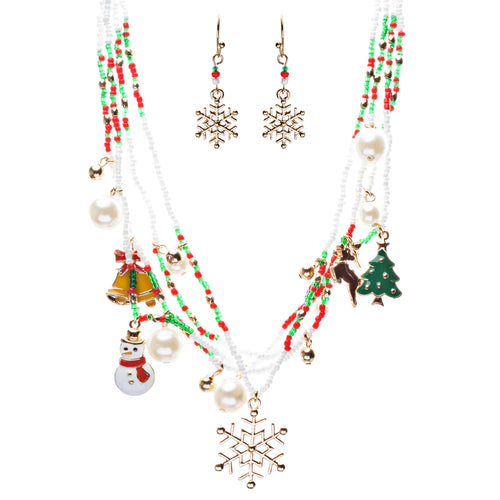 Christmas Jewelry Snowflake Rudolph Snowman Tree Charms Necklace Set JN266 GD