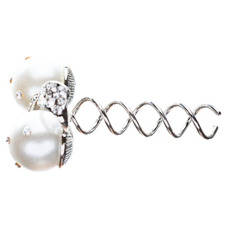 Bridal Wedding Jewelry Hair Spiral Pin Crystal Rhinestone Pearl Bow Silver