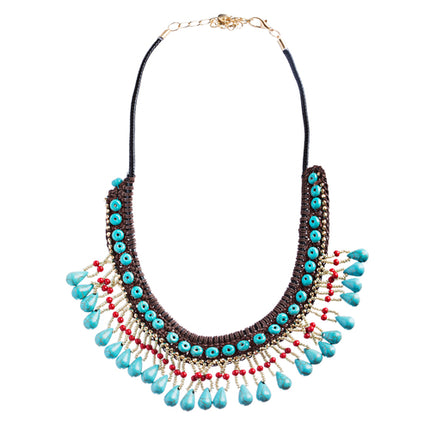 Statement Bohemian Bead Crystal Rhinestone Stone Lace Bib Necklace Set Multi - Accessoriesforever