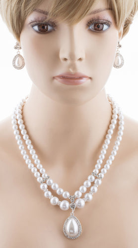 Bridal Wedding Jewelry Crystal Rhinestone Double Strand Pearl Classic Necklace