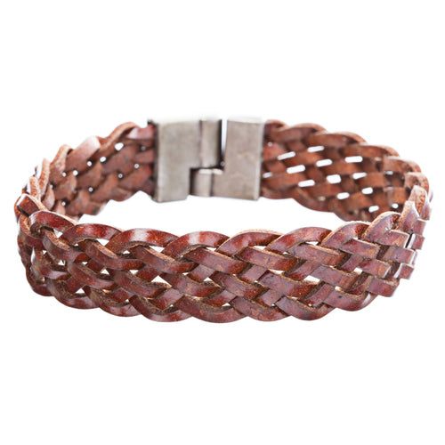 Braided Leather Pewter Bracelet Brown