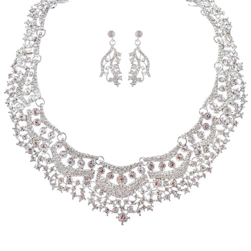 Bridal Wedding Jewelry Set Crystal Rhinestones Stunning Bib Necklace Silver - Accessoriesforever