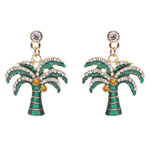 Stylish Crystal Rhinestone Pretty Palm Tree Charm Earrings E861 Green Gold