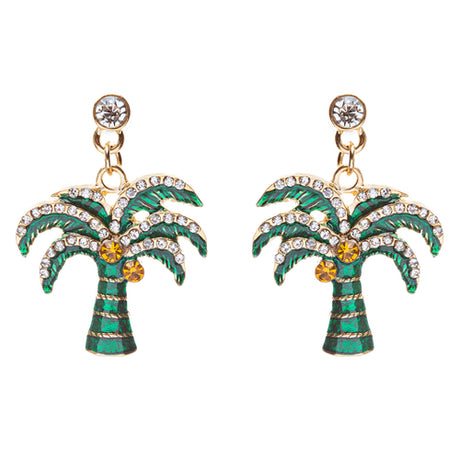 Stylish Crystal Rhinestone Pretty Palm Tree Charm Earrings E861 Green Gold