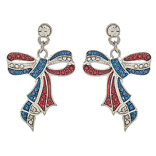 Patriotic Jewelry Crystal Rhinestone Ribbon Bow Dangle Earrings E1176 Silver