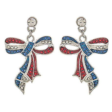Patriotic Jewelry Crystal Rhinestone Ribbon Bow Dangle Earrings E1176 Silver