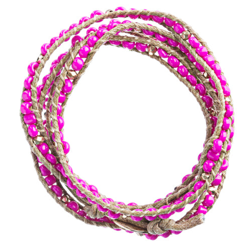 Beaded Brown String Cord with Button Knot Closure Wrap Bracelet Fuchsia Pink