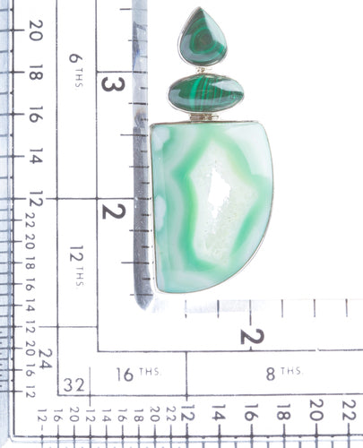 925 Sterling Silver Natural Gemstones Agate Druzy Malachite Pendant FJSVP2081