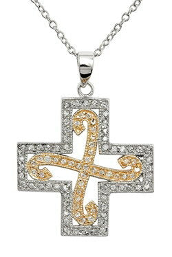 2 Tone CZ Cross 16" Necklace 925 Sterling Silver - Accessoriesforever